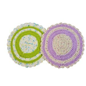 Handmade Crocheted Wool Green/Purple Circular Scalloped Pot Holder Doilies 2PC